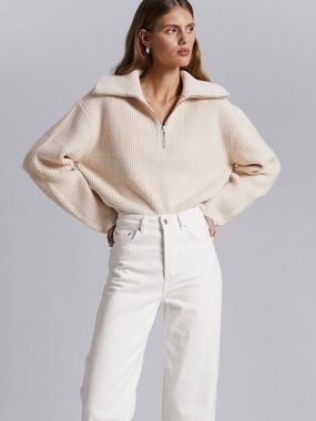 & Other Stories Half-Zip Knit Wool Sweater S Ivory Cream